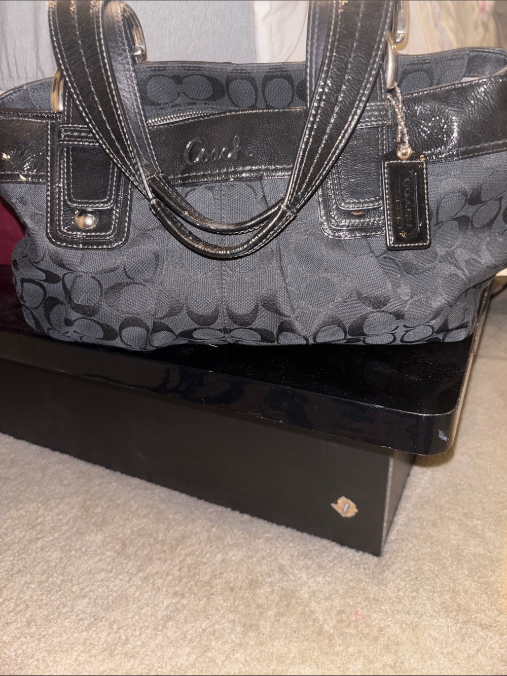 Coach Black Signature Jacquard Tote with Leather Trim